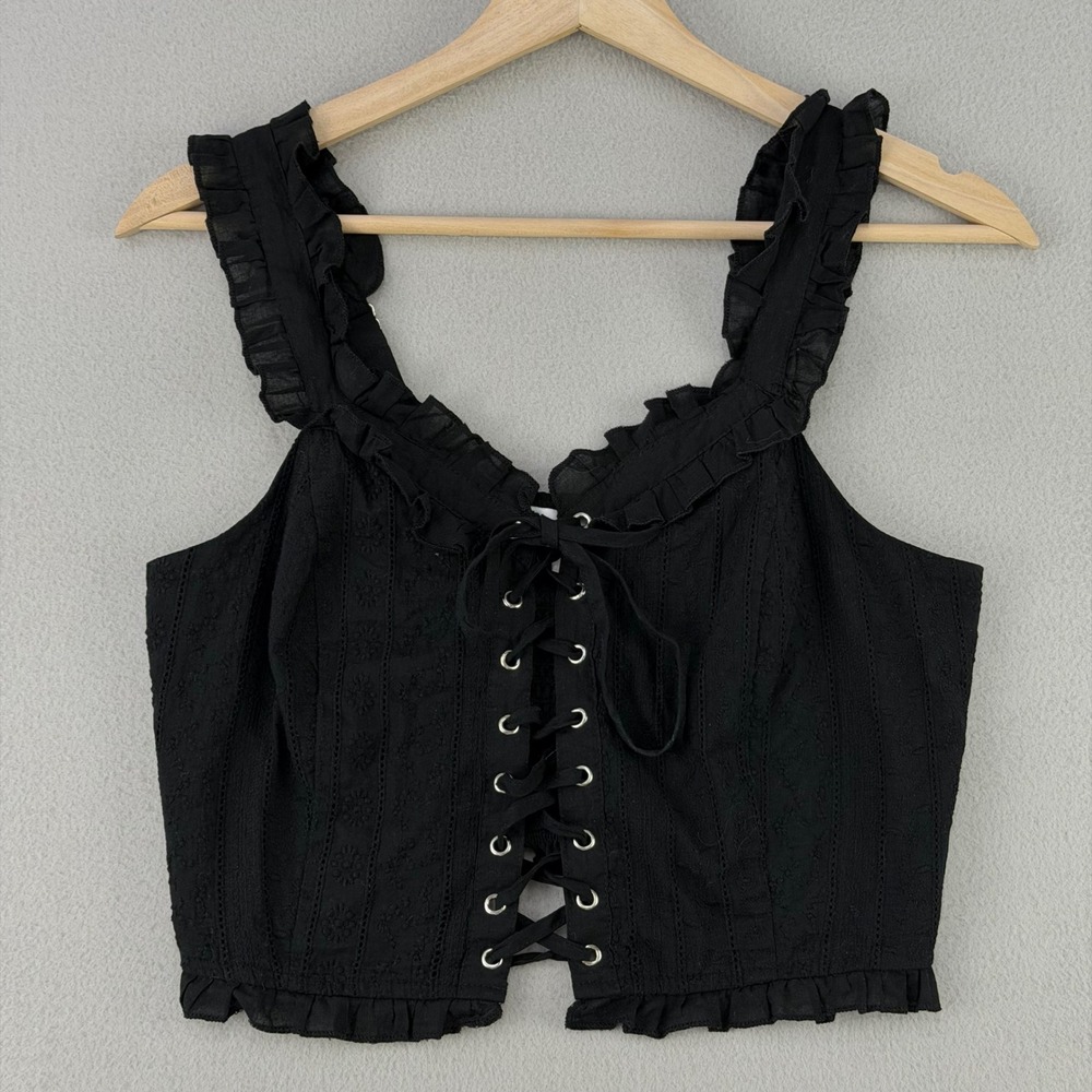 American Flirt Eyelet Corset Top Women S Black Boho Lace Up Ruffle Crop Y2K Goth